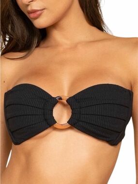 Montce Size Large Black Ribbed Tori Bandeau Bikini Top